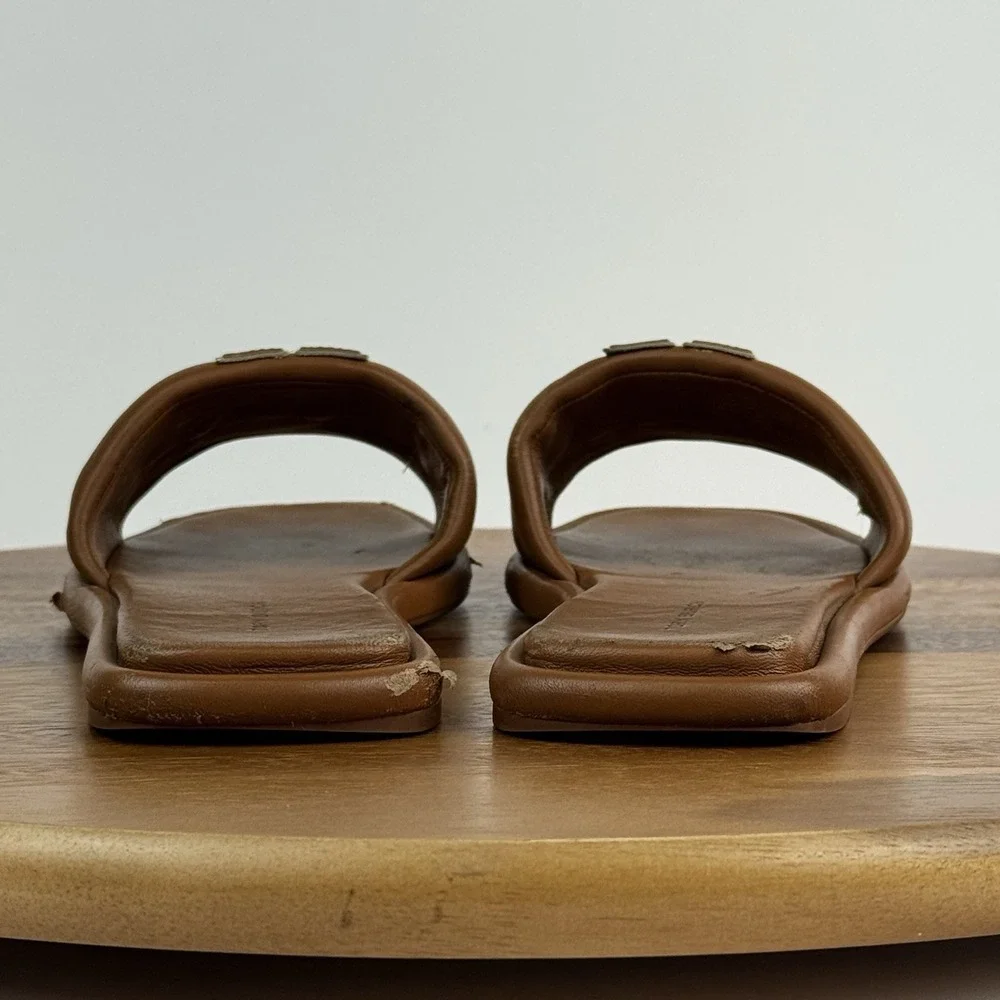 Womens Tory Burch Double T Tan Leather Slip On Flat Sport‎ Slides Sandals Size 8